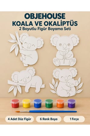 Objehouse Koala ve Okaliptüs 2 Boyutlu Boyama Seti, 4 Figür, 6 Renk Boya, 1 Fırça