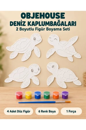 Objehouse Deniz Kaplumbağaları 2 Boyutlu Boyama Seti, 4 Figür, 6 Renk Boya, 1 Fırça