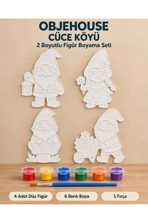 Objehouse Cüce Köyü 2 Boyutlu Boyama Seti, 4 Figür, 6 Renk Boya, 1 Fırça