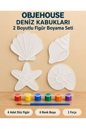 Objehouse Deniz Kabukları 2 Boyutlu Boyama Seti, 4 Figür, 6 Renk Boya, 1 Fırça