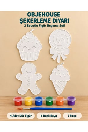 Objehouse Şekerleme Diyarı 2 Boyutlu Boyama Seti, 4 Figür, 6 Renk Boya, 1 Fırça