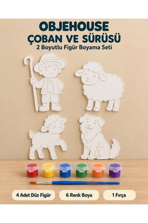 Objehouse Çoban ve Sürüsü 2 Boyutlu Boyama Seti, 4 Figür, 6 Renk Boya, 1 Fırça