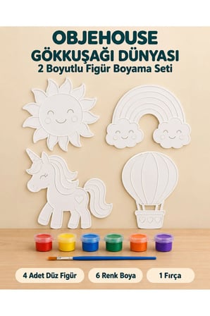 Objehouse Gökkuşağı Dünyası 2 Boyutlu Boyama Seti, 4 Figür, 6 Renk Boya, 1 Fırça