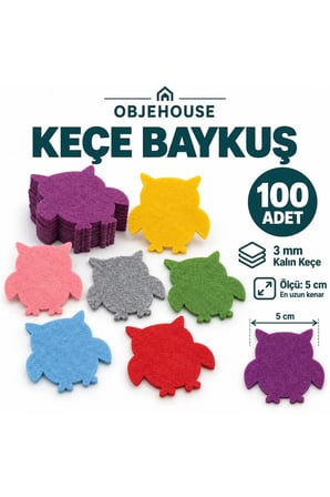 Objehouse Keçe Baykuş Süsleme Figürü, 100 Adet, 5 cm, 3 mm Kalın Keçe