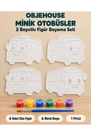 Objehouse Minik Otobüsler 2 Boyutlu Boyama Seti, 4 Figür, 6 Renk Boya, 1 Fırça