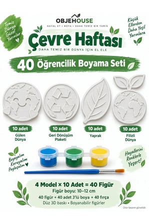 Objehouse Çevre Haftası 40 Öğrencilik Boyama Seti, 4 Model 40 Figür, Boya ve Fırça