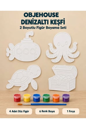 Objehouse Denizaltı Keşfi 2 Boyutlu Boyama Seti, 4 Figür, 6 Renk Boya, 1 Fırça