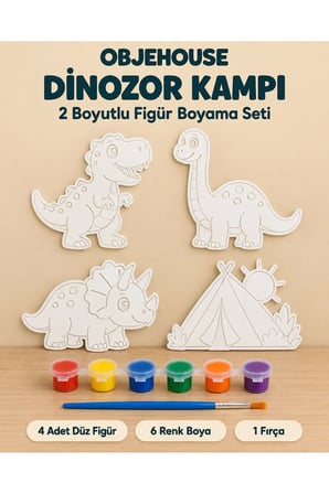 Objehouse Dinozor Kampı 2 Boyutlu Boyama Seti, 4 Figür, 6 Renk Boya, 1 Fırça