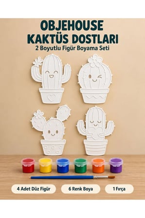 Objehouse Kaktüs Dostları 2 Boyutlu Boyama Seti, 4 Figür, 6 Renk Boya, 1 Fırça