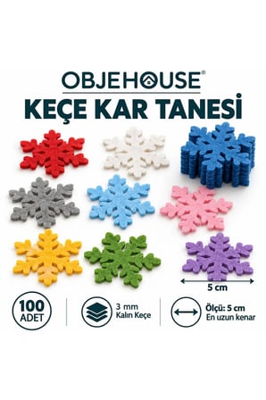 Objehouse Keçe Kar Tanesi Süsleme Figürü, 100 Adet, 5 cm, 3 mm Kalın Keçe