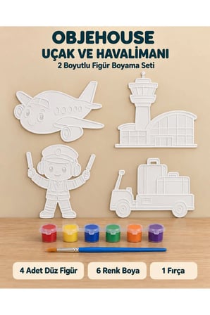 Objehouse Uçak ve Havalimanı 2 Boyutlu Boyama Seti, 4 Figür, 6 Renk Boya, 1 Fırça