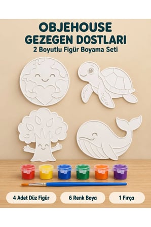 Objehouse Gezegen Dostları 2 Boyutlu Boyama Seti, 4 Figür, 6 Renk Boya, 1 Fırça