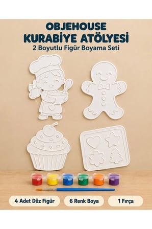 Objehouse Kurabiye Atölyesi 2 Boyutlu Boyama Seti, 4 Figür, 6 Renk Boya, 1 Fırça