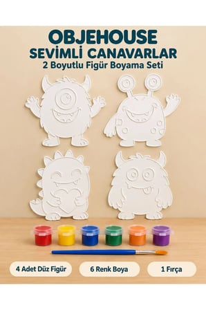 Objehouse Sevimli Canavarlar 2 Boyutlu Boyama Seti, 4 Figür, 6 Renk Boya, 1 Fırça