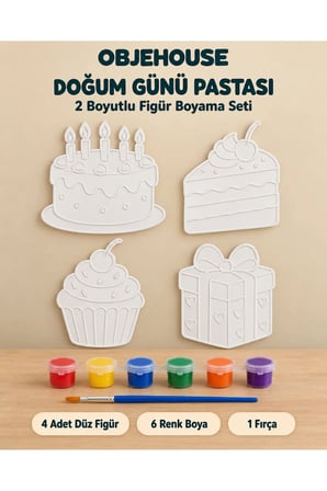 Objehouse Doğum Günü Pastası 2 Boyutlu Boyama Seti, 4 Figür, 6 Renk Boya, 1 Fırça
