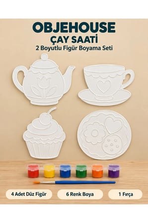 Objehouse Çay Saati 2 Boyutlu Boyama Seti, 4 Figür, 6 Renk Boya, 1 Fırça