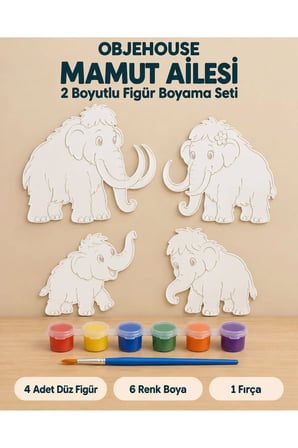 Objehouse Mamut Ailesi 2 Boyutlu Boyama Seti, 4 Figür, 6 Renk Boya, 1 Fırça
