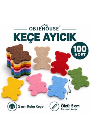 Objehouse Keçe Ayıcık Süsleme Figürü, 100 Adet, 5 cm, 3 mm Kalın Keçe
