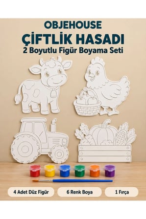 Objehouse Çiftlik Hasadı 2 Boyutlu Boyama Seti, 4 Figür, 6 Renk Boya, 1 Fırça