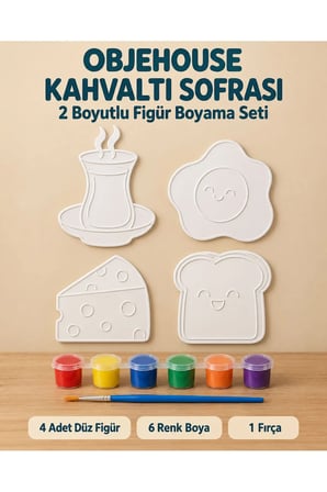 Objehouse Kahvaltı Sofrası 2 Boyutlu Boyama Seti, 4 Figür, 6 Renk Boya, 1 Fırça