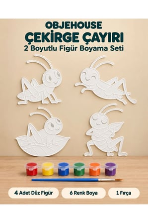Objehouse Çekirge Çayırı 2 Boyutlu Boyama Seti, 4 Figür, 6 Renk Boya, 1 Fırça