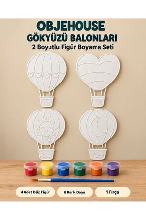 Objehouse Gökyüzü Balonları 2 Boyutlu Boyama Seti, 4 Figür, 6 Renk Boya, 1 Fırça