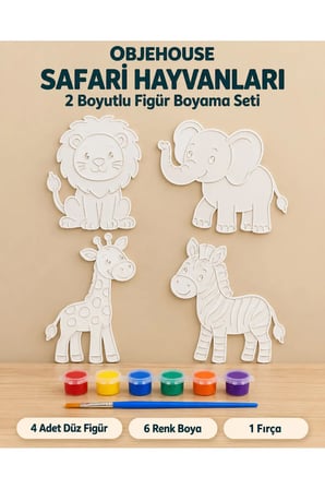 Objehouse Safari Hayvanları 2 Boyutlu Boyama Seti, 4 Figür, 6 Renk Boya, 1 Fırça