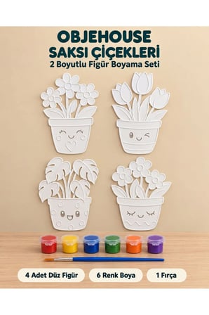 Objehouse Saksı Çiçekleri 2 Boyutlu Boyama Seti, 4 Figür, 6 Renk Boya, 1 Fırça