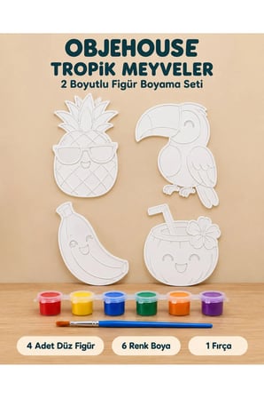 Objehouse Tropik Meyveler 2 Boyutlu Boyama Seti, 4 Figür, 6 Renk Boya, 1 Fırça