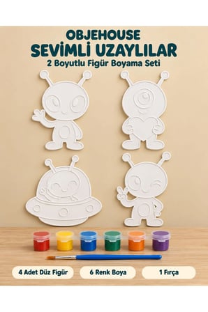 Objehouse Sevimli Uzaylılar 2 Boyutlu Boyama Seti, 4 Figür, 6 Renk Boya, 1 Fırça