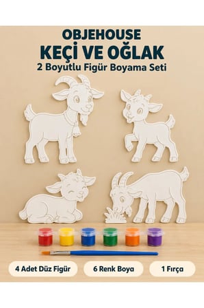 Objehouse Keçi ve Oğlak 2 Boyutlu Boyama Seti, 4 Figür, 6 Renk Boya, 1 Fırça