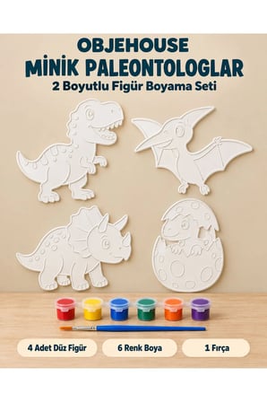 Objehouse Minik Paleontologlar 2 Boyutlu Boyama Seti, 4 Figür, 6 Renk Boya, 1 Fırça