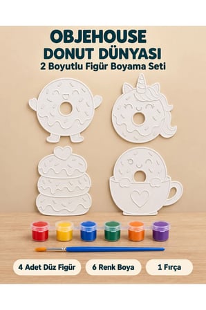 Objehouse Donut Dünyası 2 Boyutlu Boyama Seti, 4 Figür, 6 Renk Boya, 1 Fırça