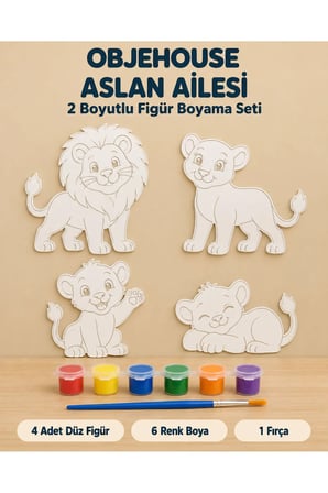 Objehouse Aslan Ailesi 2 Boyutlu Boyama Seti, 4 Figür, 6 Renk Boya, 1 Fırça