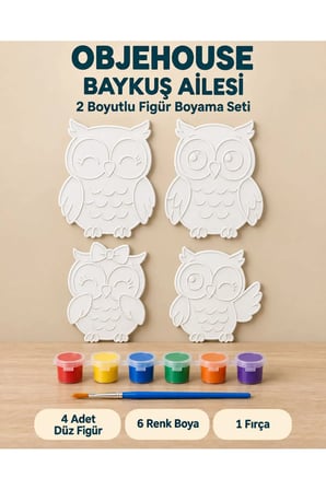 Objehouse Baykuş Ailesi 2 Boyutlu Boyama Seti, 4 Figür, 6 Renk Boya, 1 Fırça