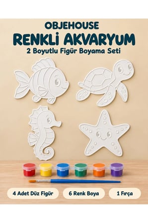Objehouse Renkli Akvaryum 2 Boyutlu Boyama Seti, 4 Figür, 6 Renk Boya, 1 Fırça