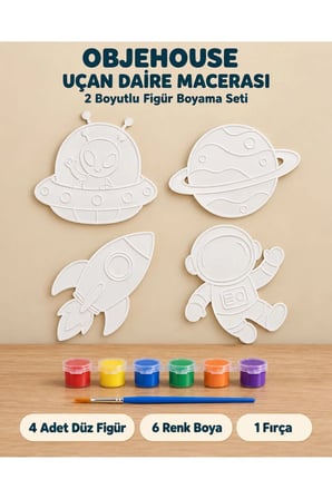 Objehouse Uçan Daire Macerası 2 Boyutlu Boyama Seti, 4 Figür, 6 Renk Boya, 1 Fırça