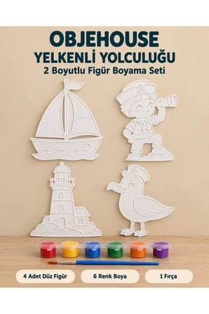 Objehouse Yelkenli Yolculuğu 2 Boyutlu Boyama Seti, 4 Figür, 6 Renk Boya, 1 Fırça
