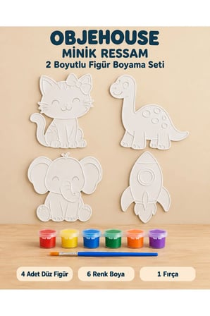 Objehouse Minik Ressam 2 Boyutlu Boyama Seti, 4 Figür, 6 Renk Boya, 1 Fırça
