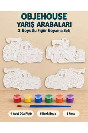 Objehouse Yarış Arabaları 2 Boyutlu Boyama Seti, 4 Figür, 6 Renk Boya, 1 Fırça
