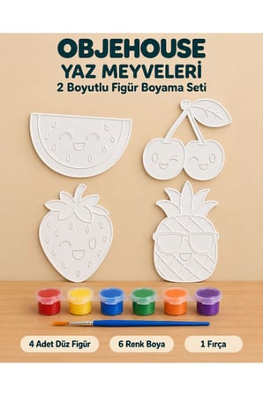 Objehouse Yaz Meyveleri 2 Boyutlu Boyama Seti, 4 Figür, 6 Renk Boya, 1 Fırça