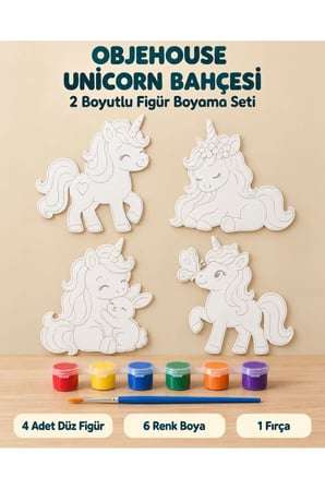 Objehouse Unicorn Bahçesi 2 Boyutlu Boyama Seti, 4 Figür, 6 Renk Boya, 1 Fırça