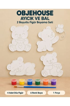 Objehouse Ayıcık ve Bal 2 Boyutlu Boyama Seti, 4 Figür, 6 Renk Boya, 1 Fırça