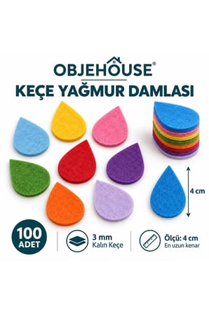 Objehouse Keçe Yağmur Damlası Süsleme Figürü, 100 Adet, 4 cm, 3 mm Kalın Keçe