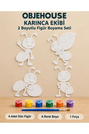 Objehouse Karınca Ekibi 2 Boyutlu Boyama Seti, 4 Figür, 6 Renk Boya, 1 Fırça