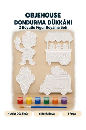 Objehouse Dondurma Dükkânı 2 Boyutlu Boyama Seti, 4 Figür, 6 Renk Boya, 1 Fırça