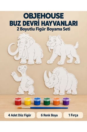 Objehouse Buz Devri Hayvanları 2 Boyutlu Boyama Seti, 4 Figür, 6 Renk Boya, 1 Fırça
