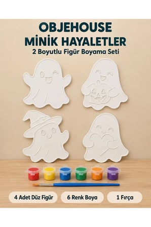 Objehouse Minik Hayaletler 2 Boyutlu Boyama Seti, 4 Figür, 6 Renk Boya, 1 Fırça