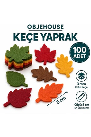 Objehouse Keçe Yaprak Süsleme Figürü, 100 Adet, 5 cm, 3 mm Kalın Keçe