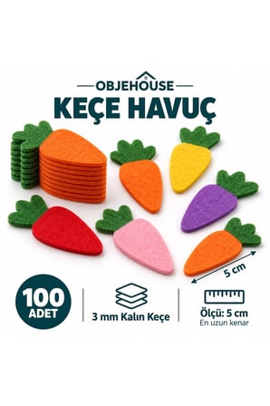 Objehouse Keçe Havuç Süsleme Figürü, 100 Adet, 5 cm, 3 mm Kalın Keçe